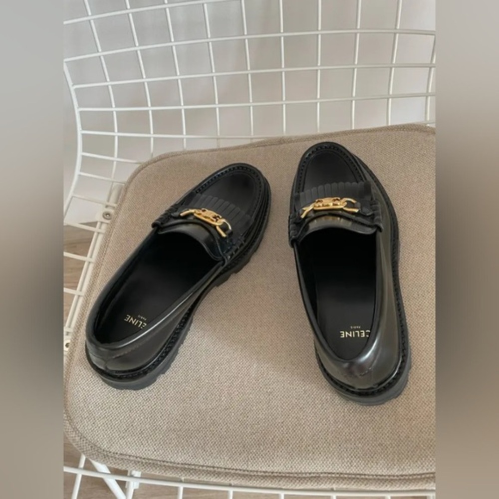 Celine Glossy Black Loafers with Gold Detail - Picture 3 of 9